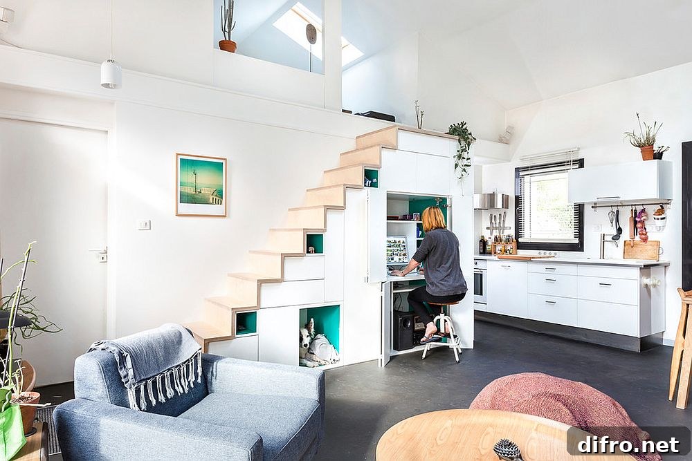 Home workspace and pet area underneath the stairway