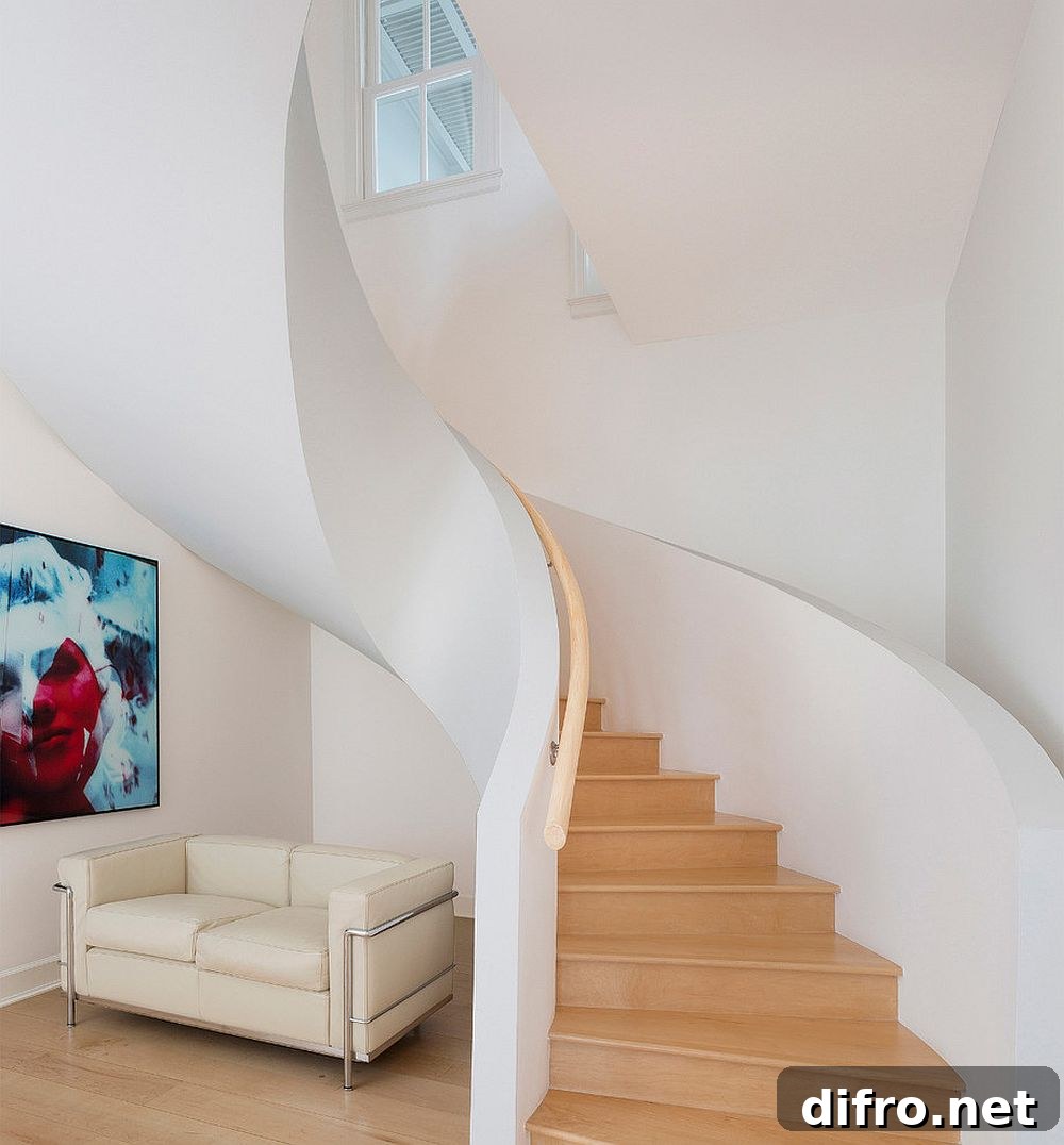 Couch under spiral staircase