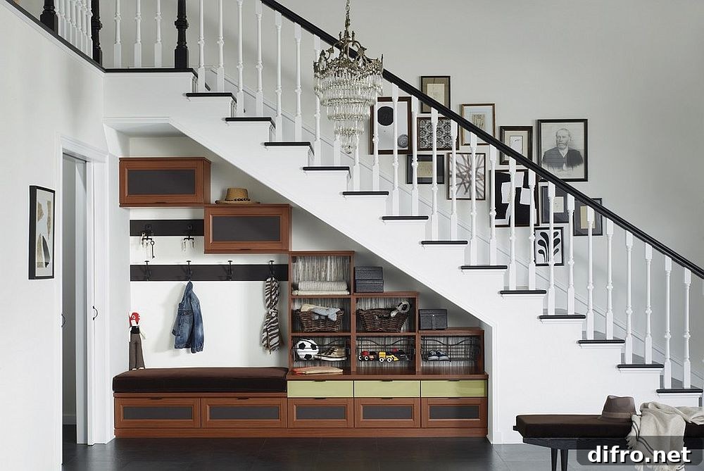 Mud room organizer under staircase