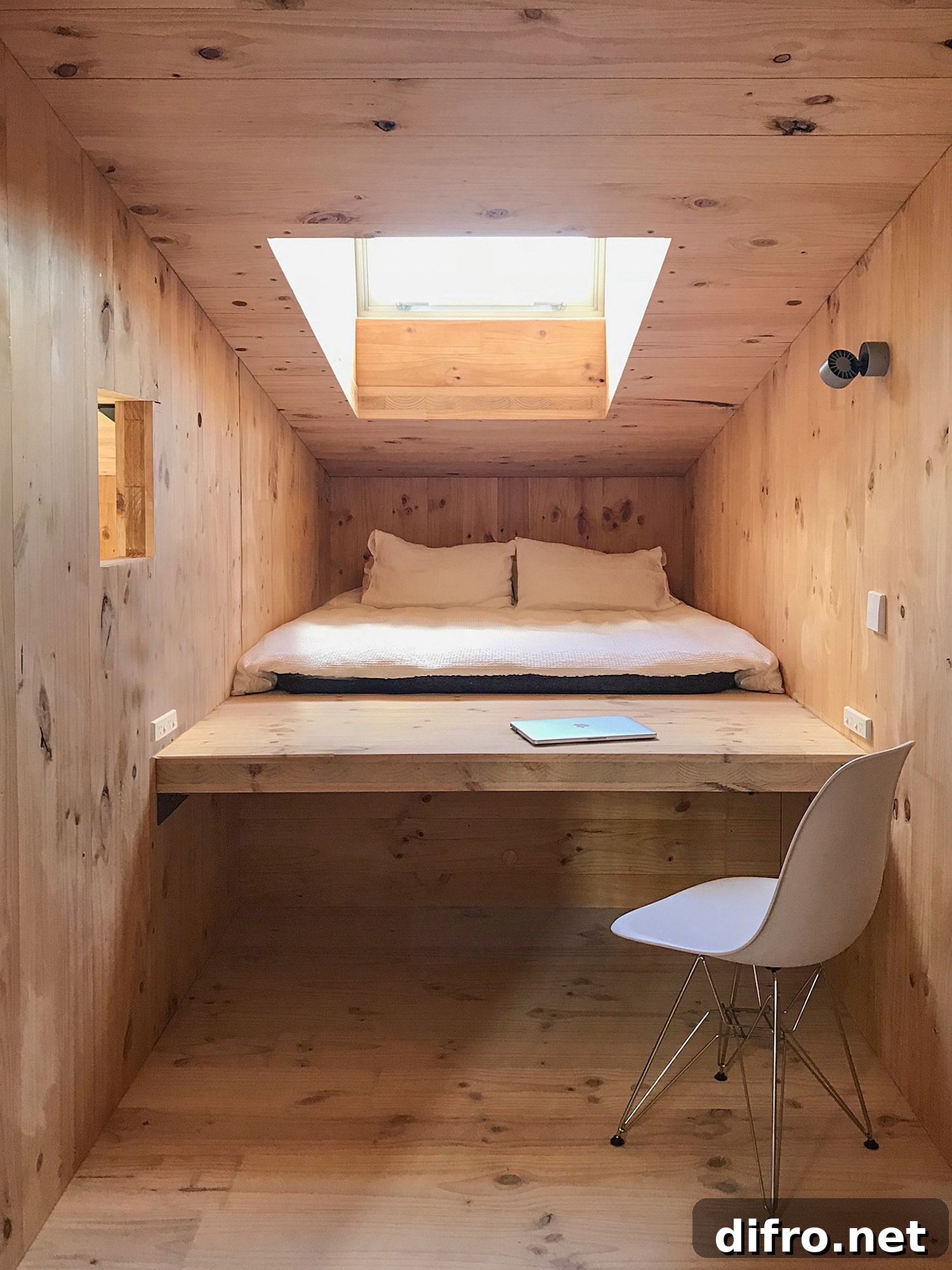Niche with a bed that can also be used as a work table with natural lighting