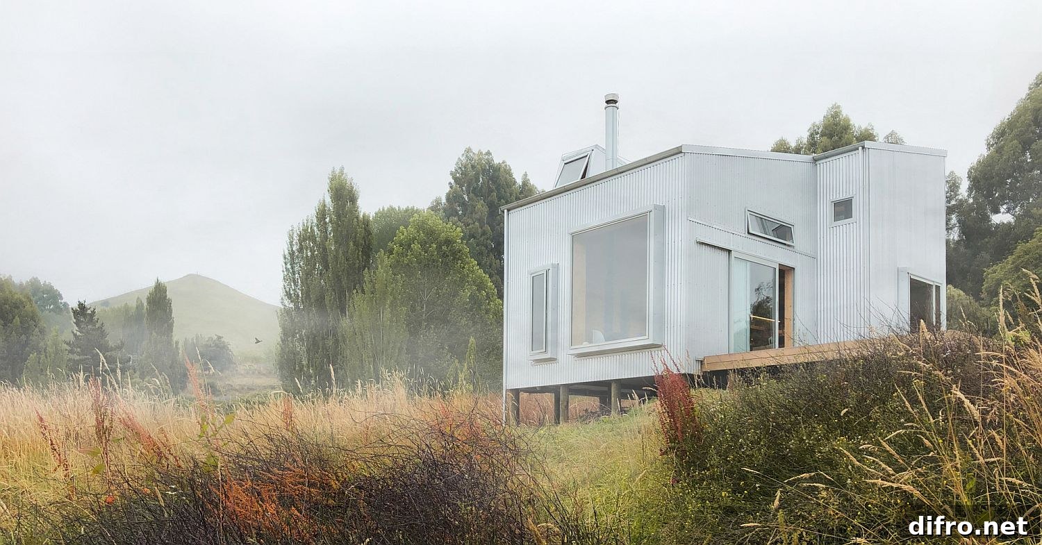 Corrugated metal sheeting exterior of the cabin in the hills