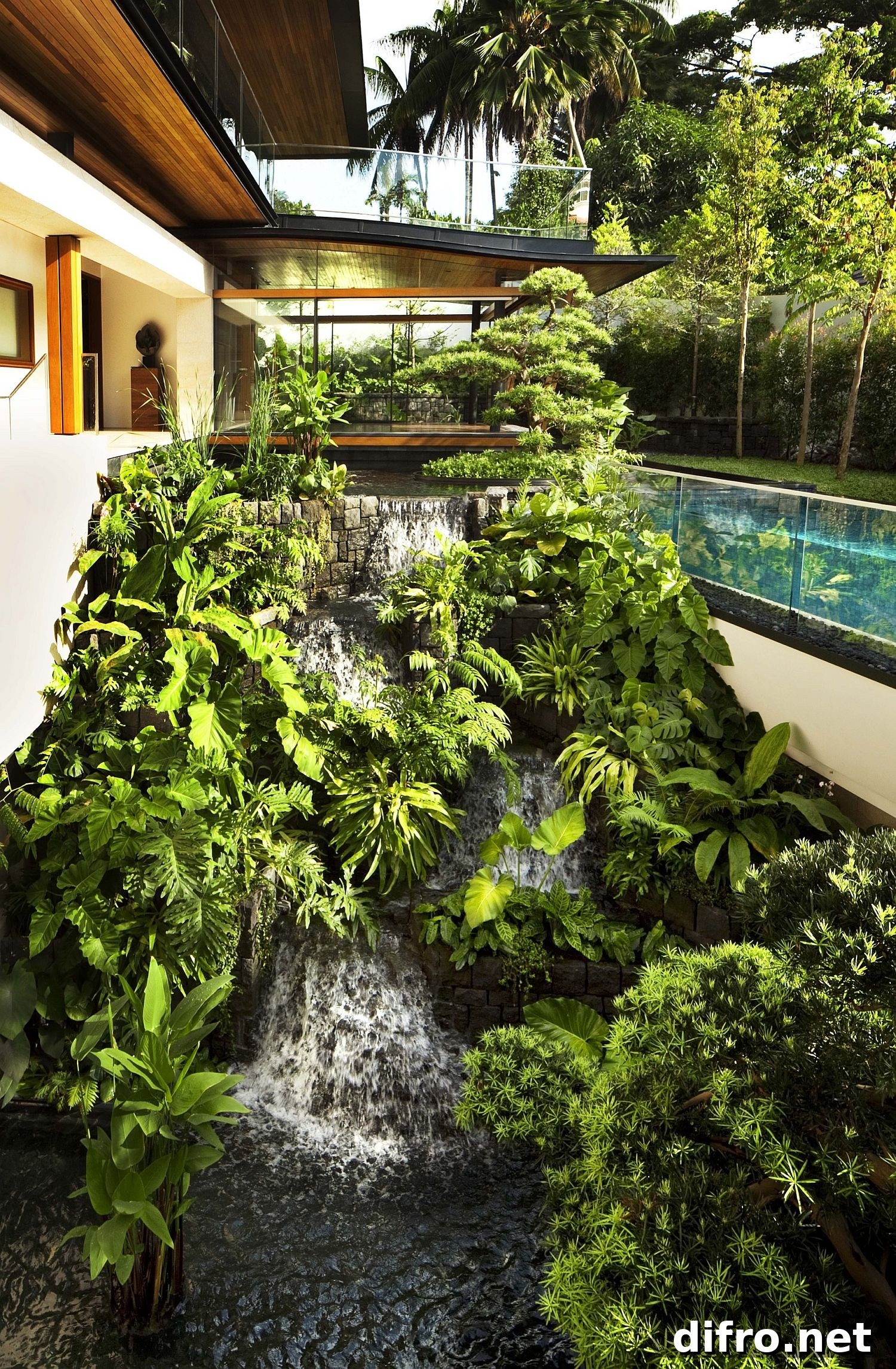 Natural waterfalls and pool area