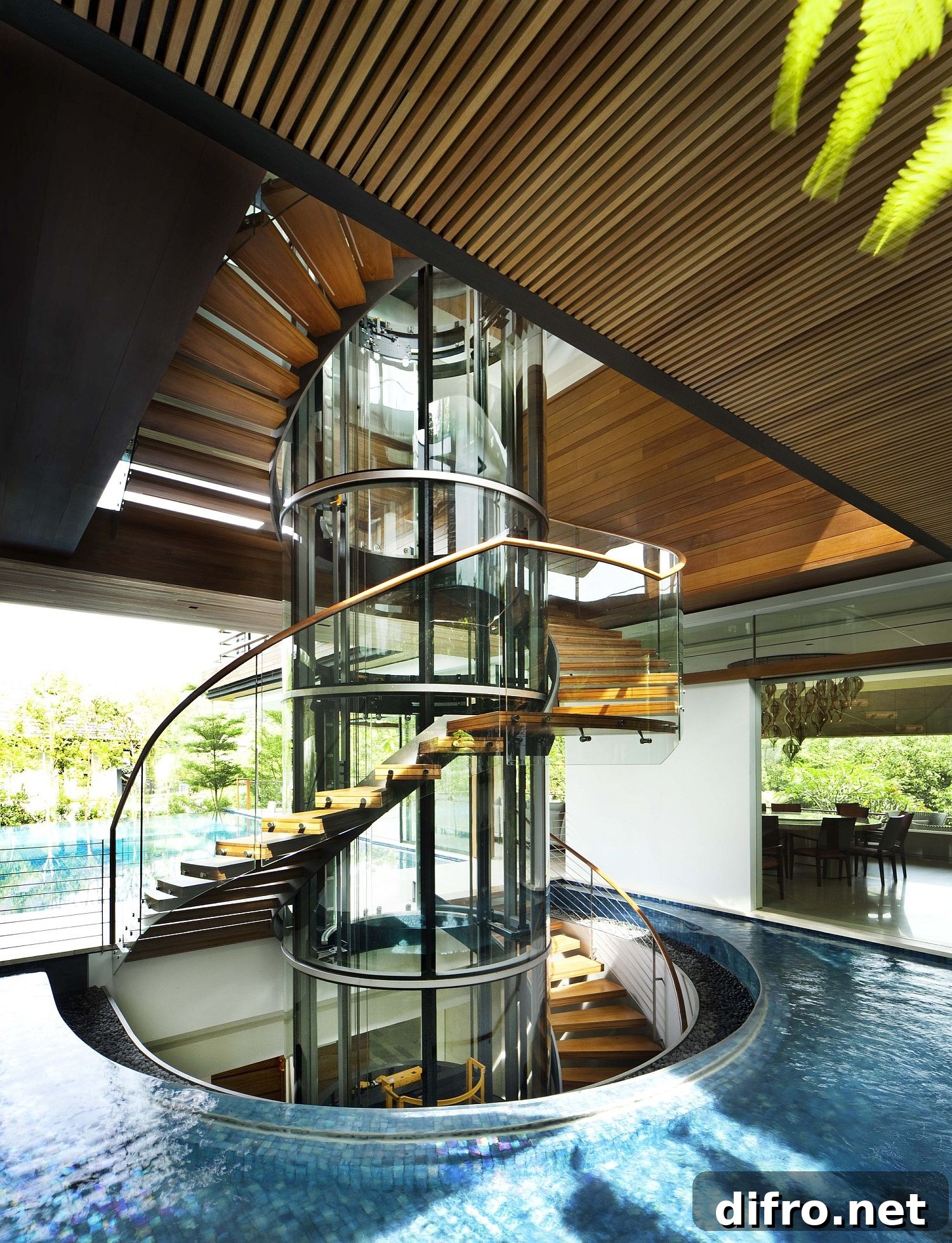 Spiral staircase and surrounding pool