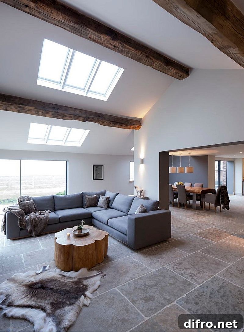 Skylights bring ample natural light into the living room with vaulted ceiling.