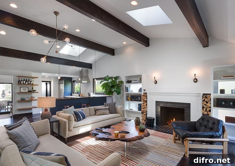 Striking use of ceiling beams in the contemporary living room of LA home.