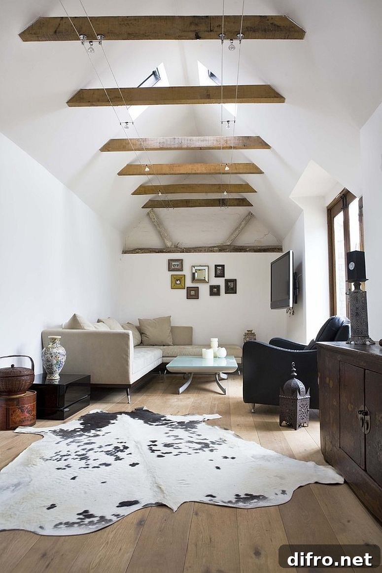 Double-height living room of London home with innovative use of ceiling beams.