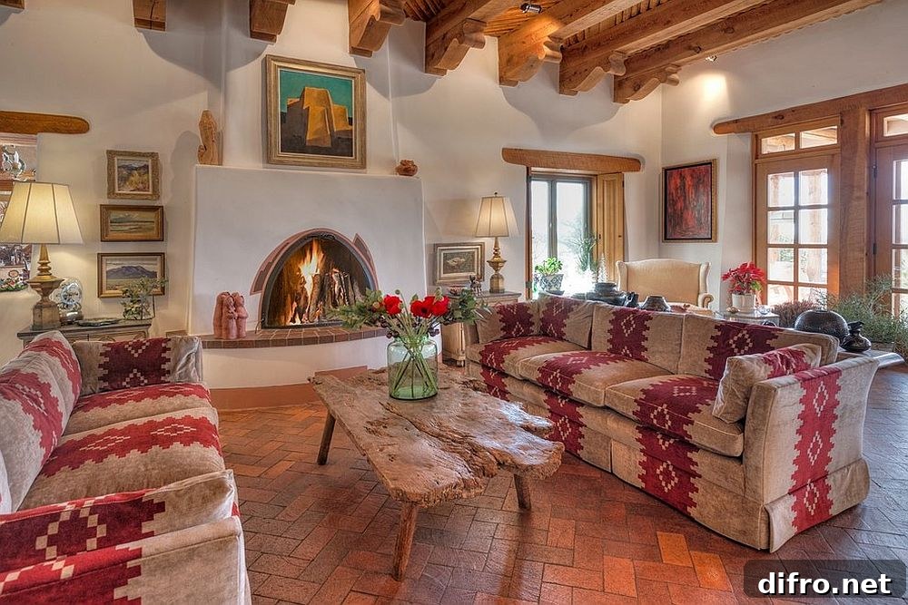 Living room with wooden ceiling beams and a fireplace.