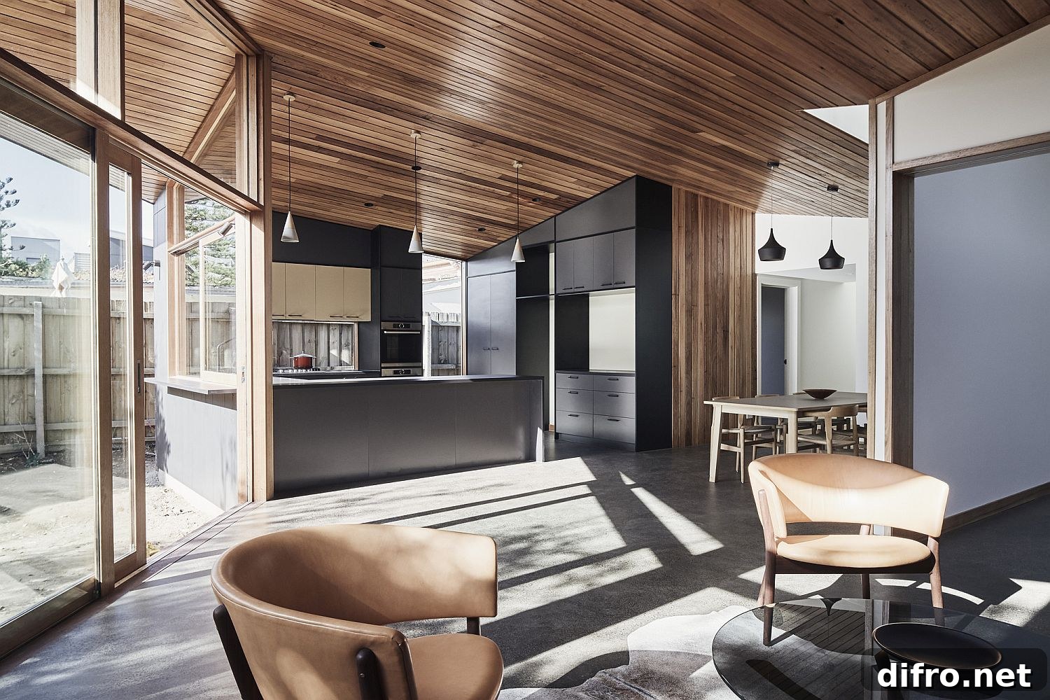 Interior with gray tones, wood and bright light