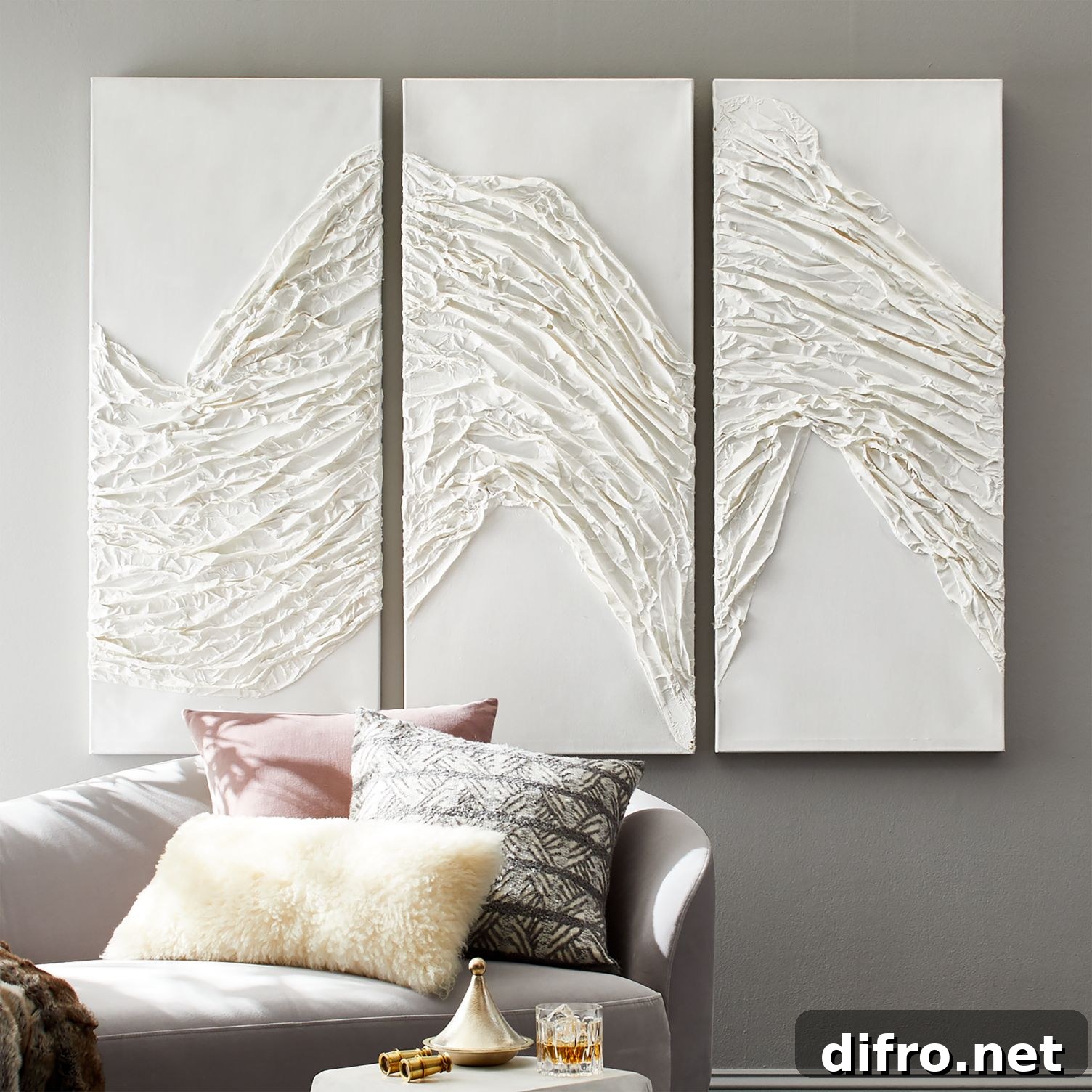 Set of textured wall art panels adding depth to a gallery wall
