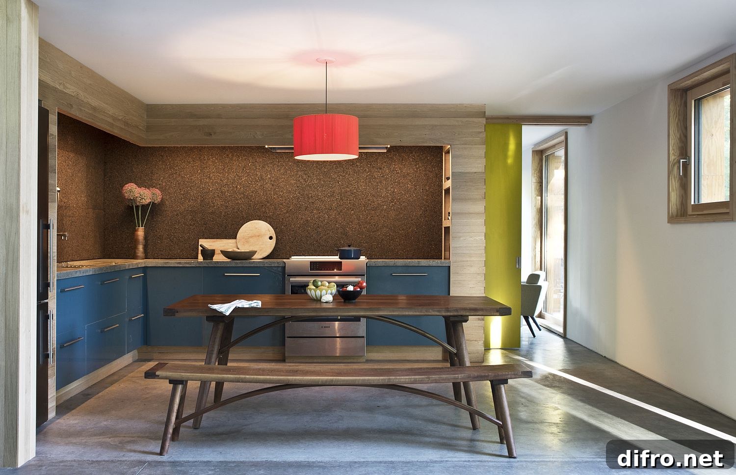 Blue, wood and white kitchen in the Accord Passive House