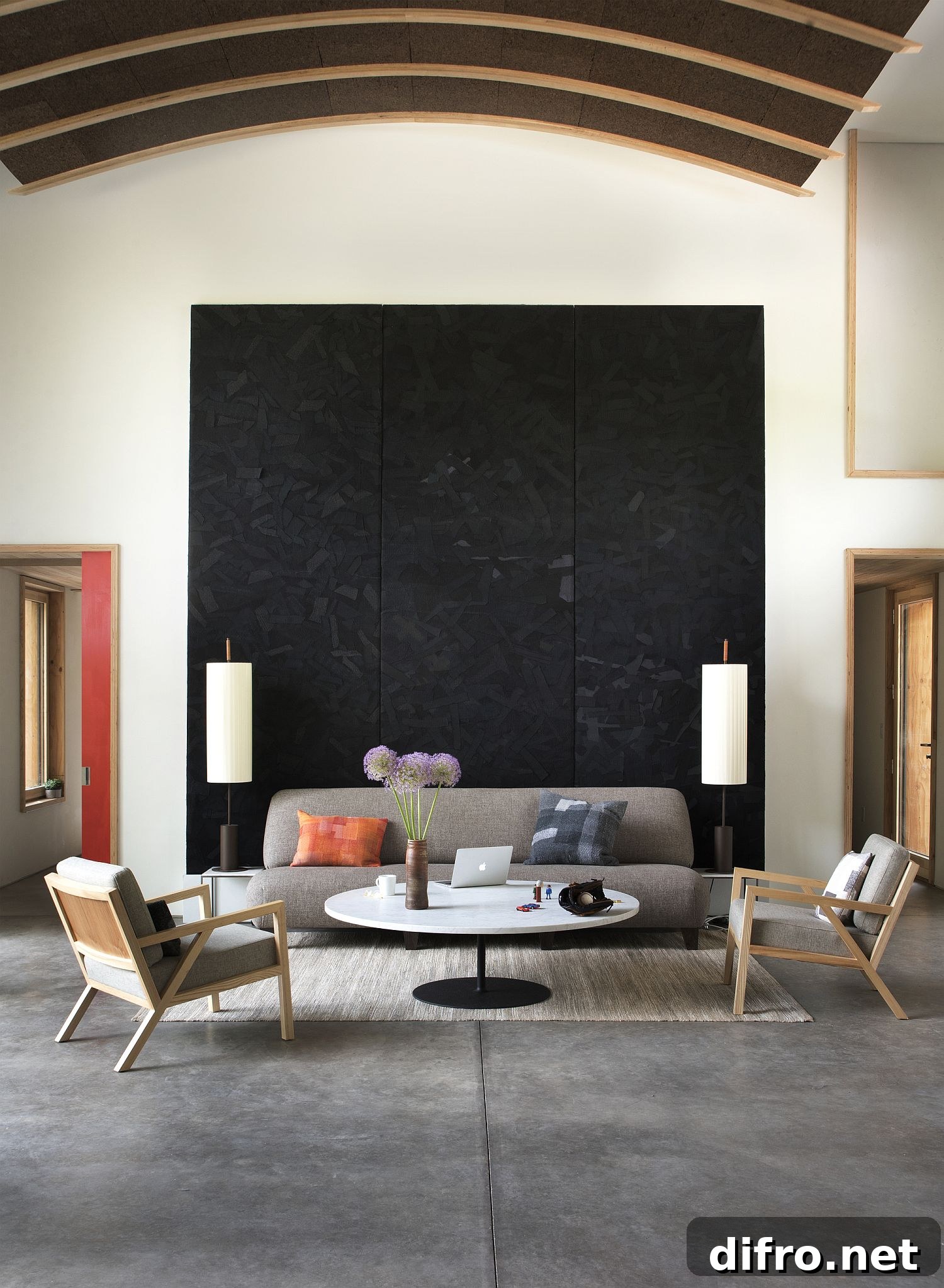 Double-height living area with white interior