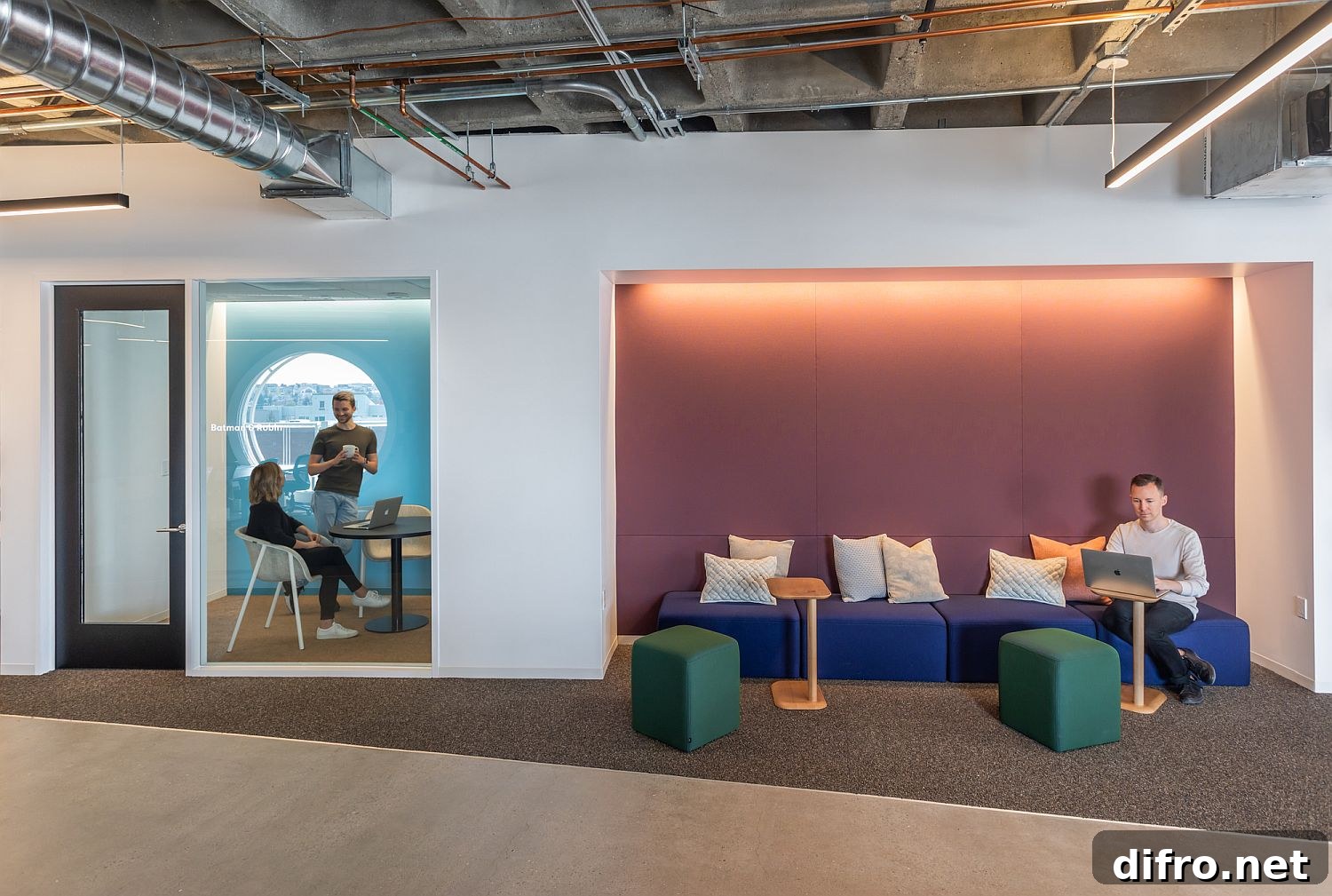 Private, relaxed workspaces within the larger office
