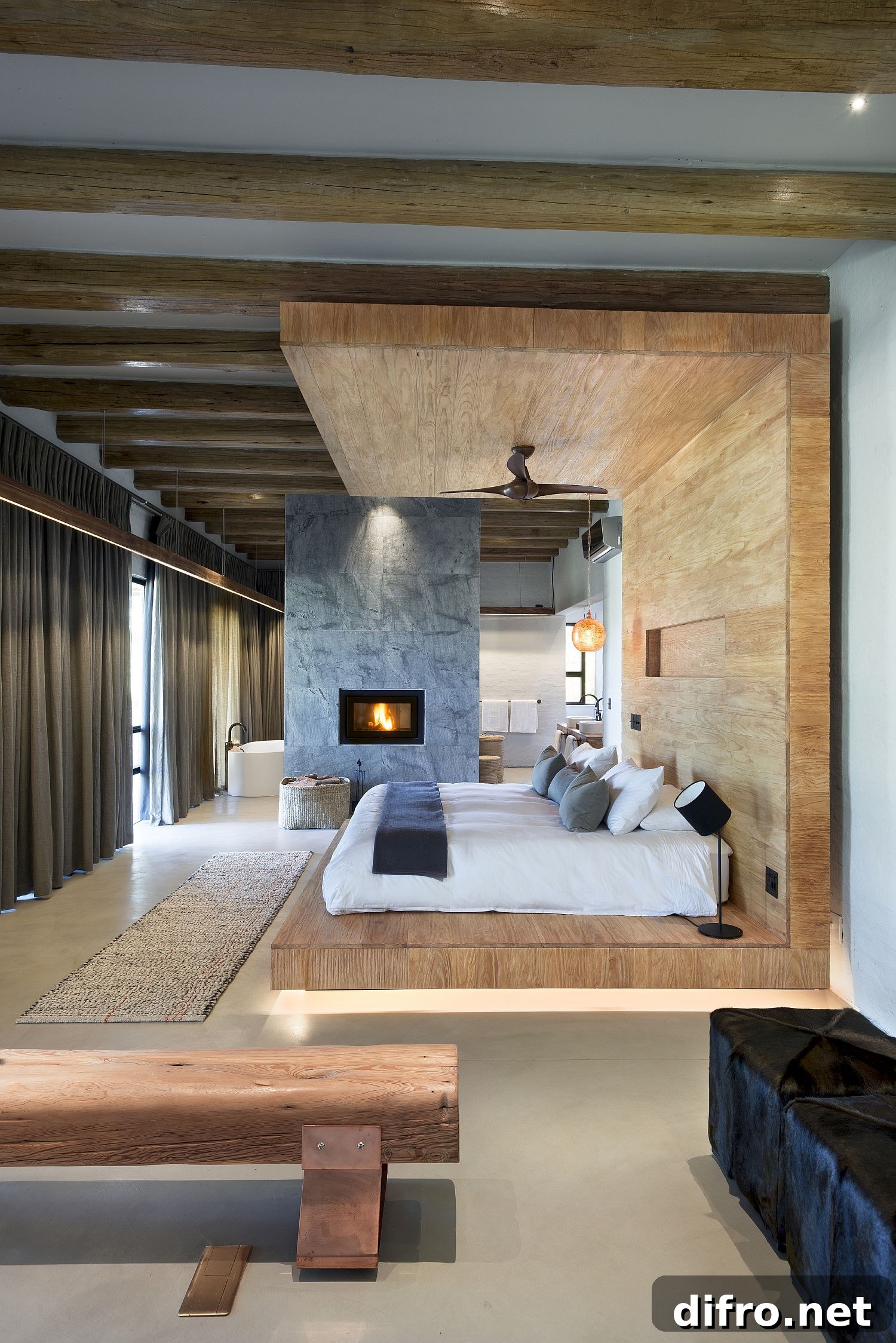 Bedroom with wood, stone and natural finishes