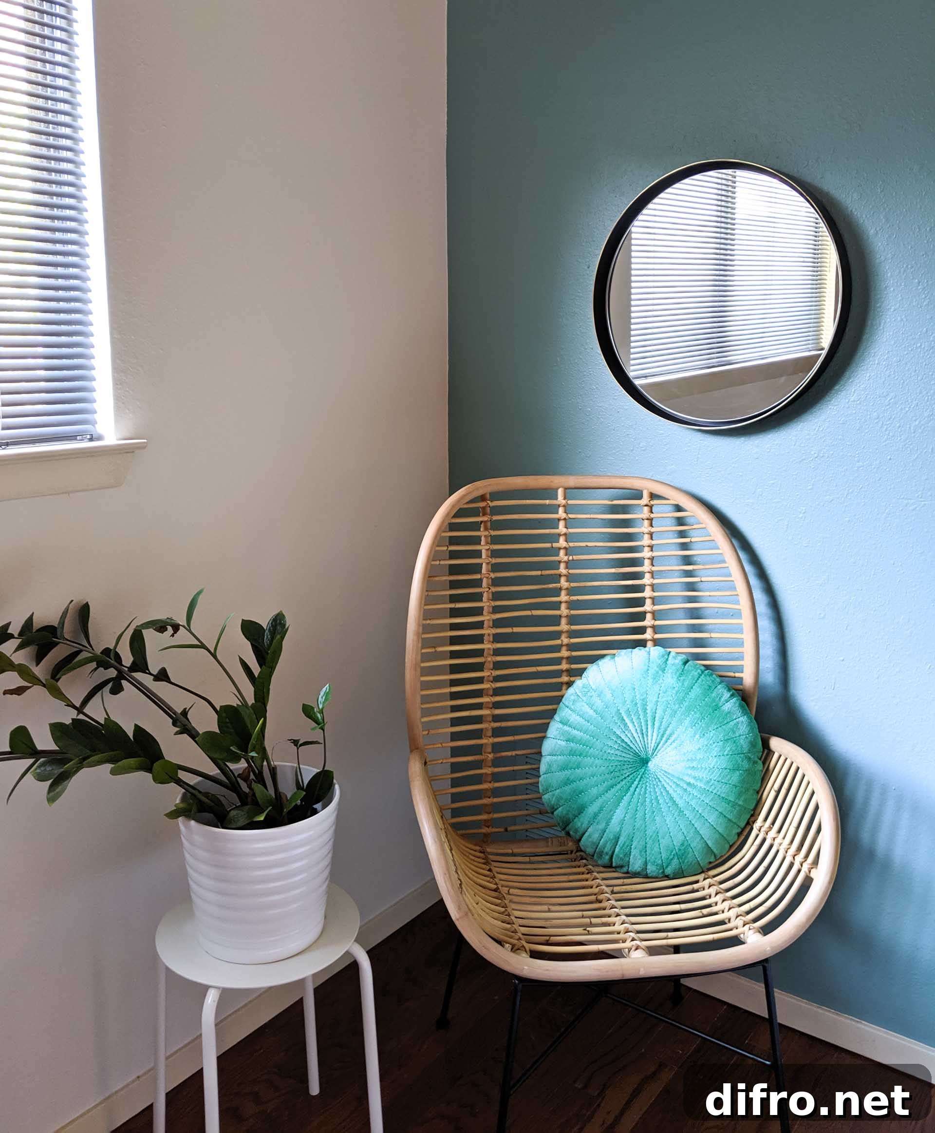 Rattan chair in a blue-toned room