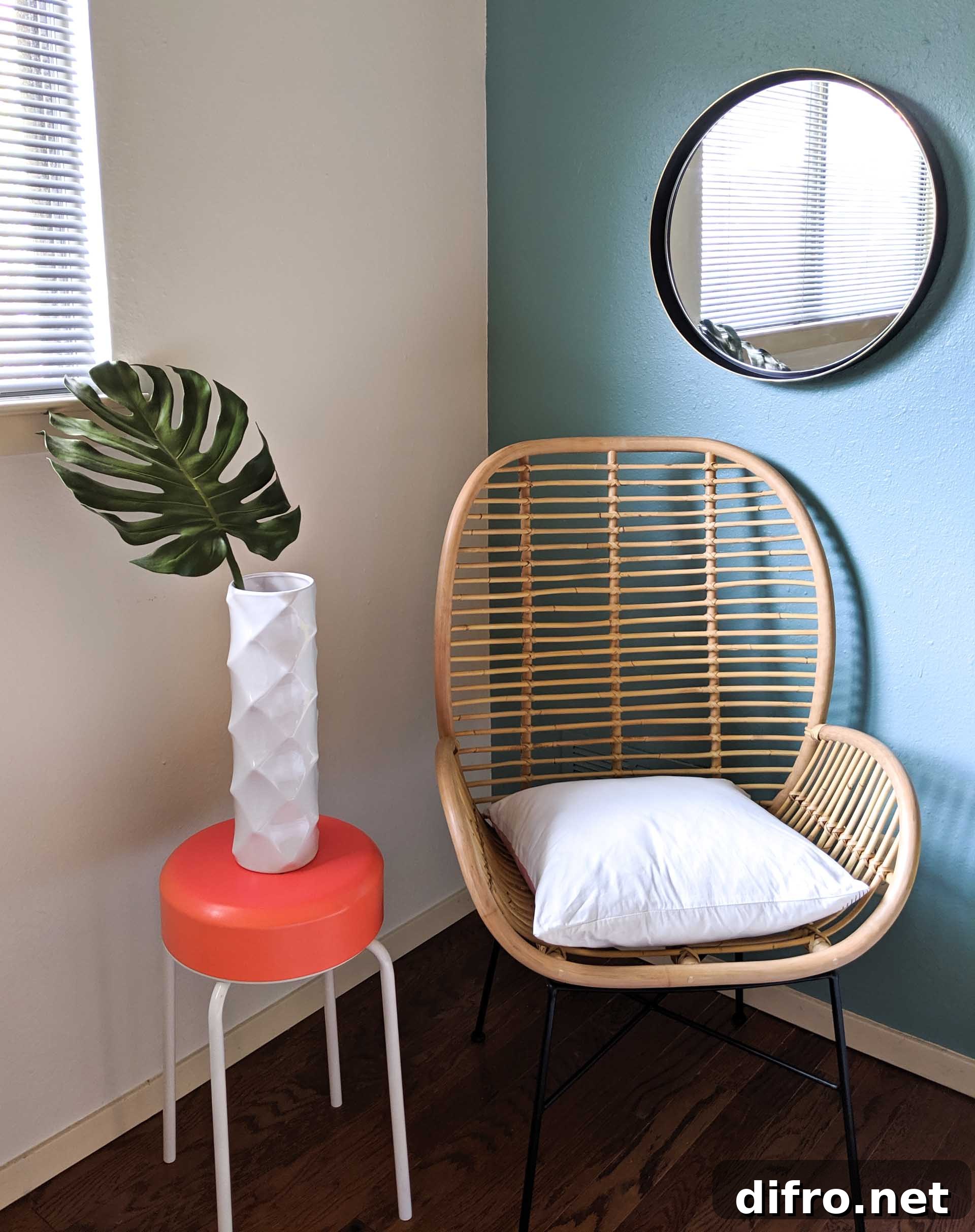White cushion on a rattan chair
