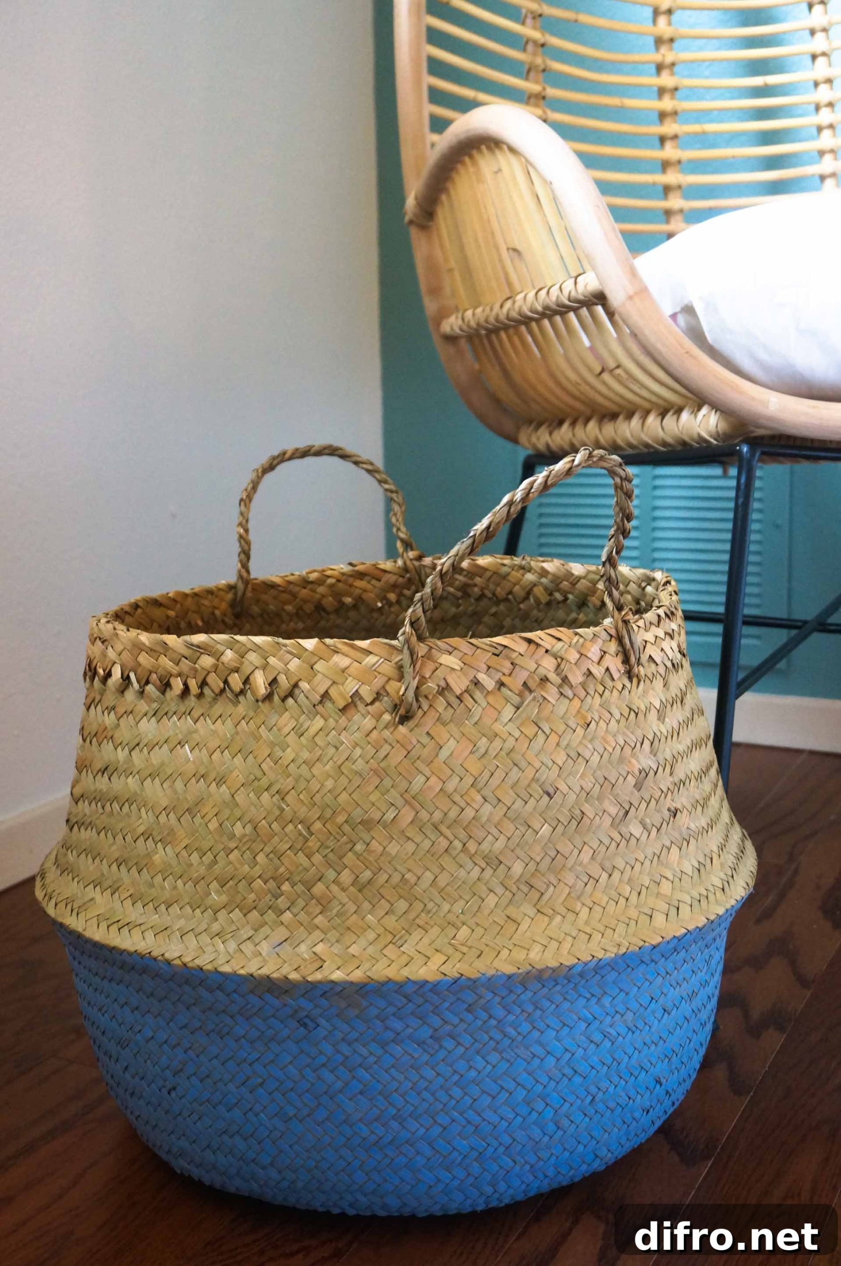 Painted seagrass belly basket close-up