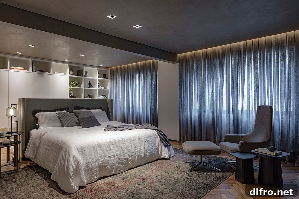 Drapes in gray filter light into the bedroom with style