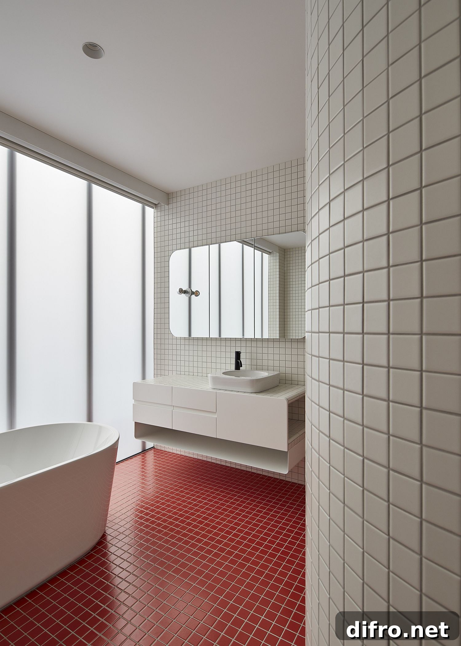 Bright red tiles in the bathroom
