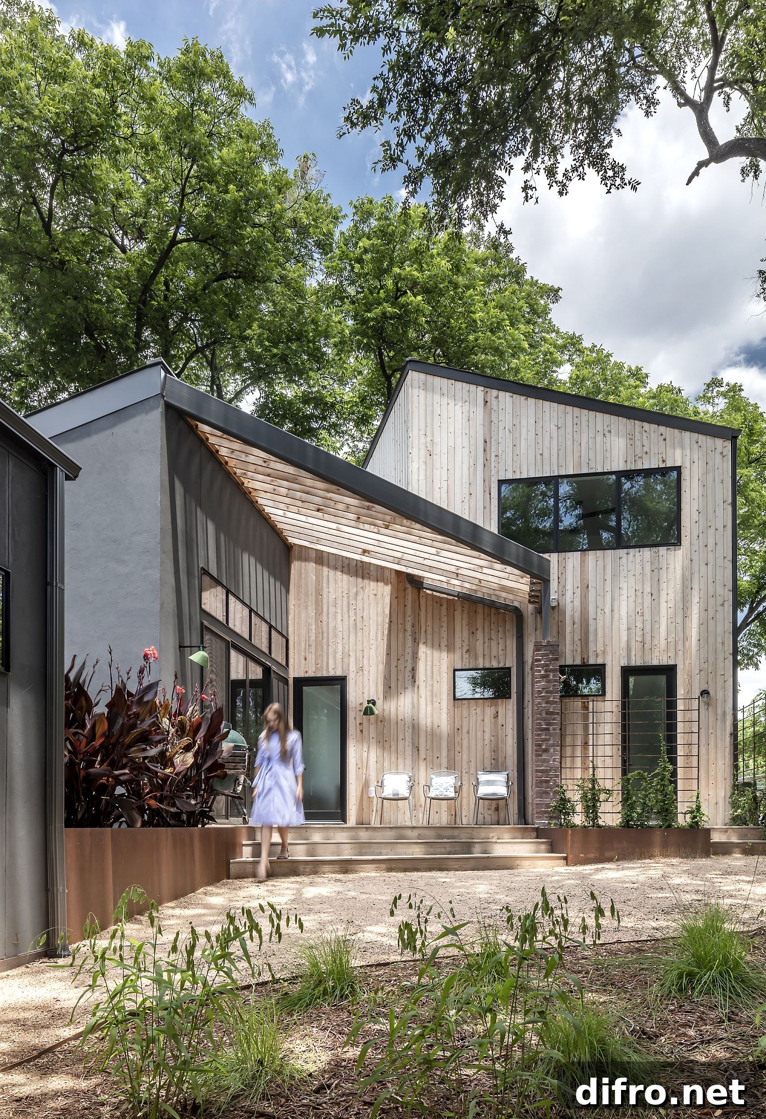 Vaulted ceilings and wooden exterior of the Hewn House in Austin