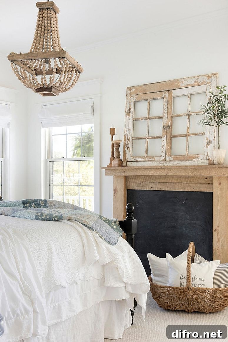 Modern farmhouse bedroom in wood and white