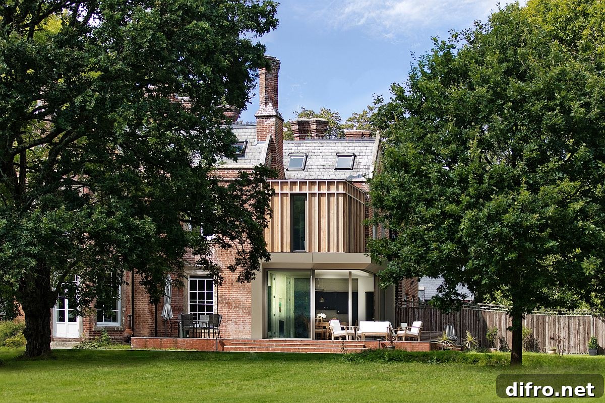 Contemporary extension to the historic family home is visible from a distance