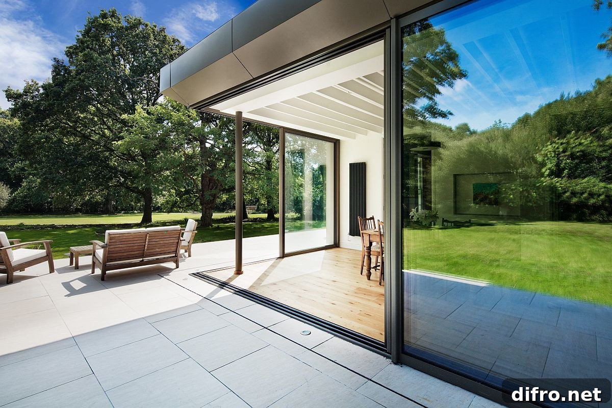 Open, white deck of the house extends the living area into the garden
