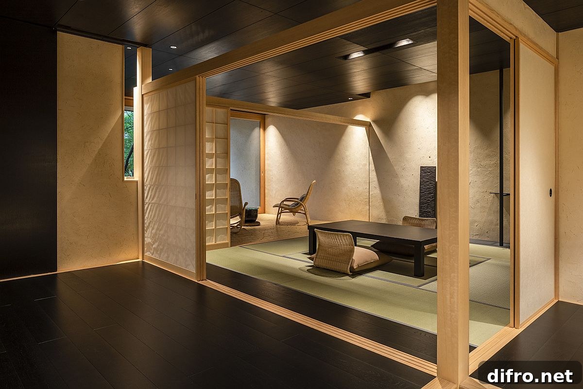 Tea room and stylish interior of the Beniya Mukayu Byakuroku