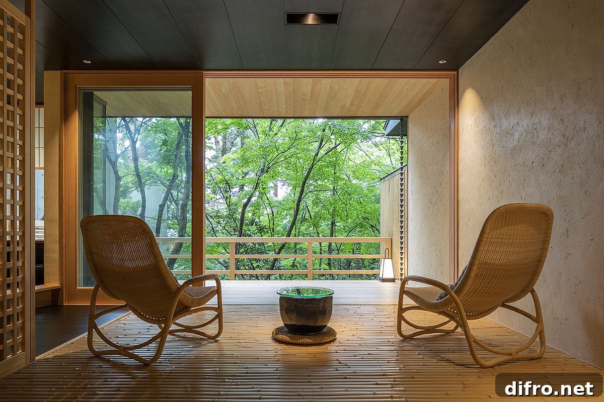 Relaxing sitting area of the house overlooking the lush green garden outside