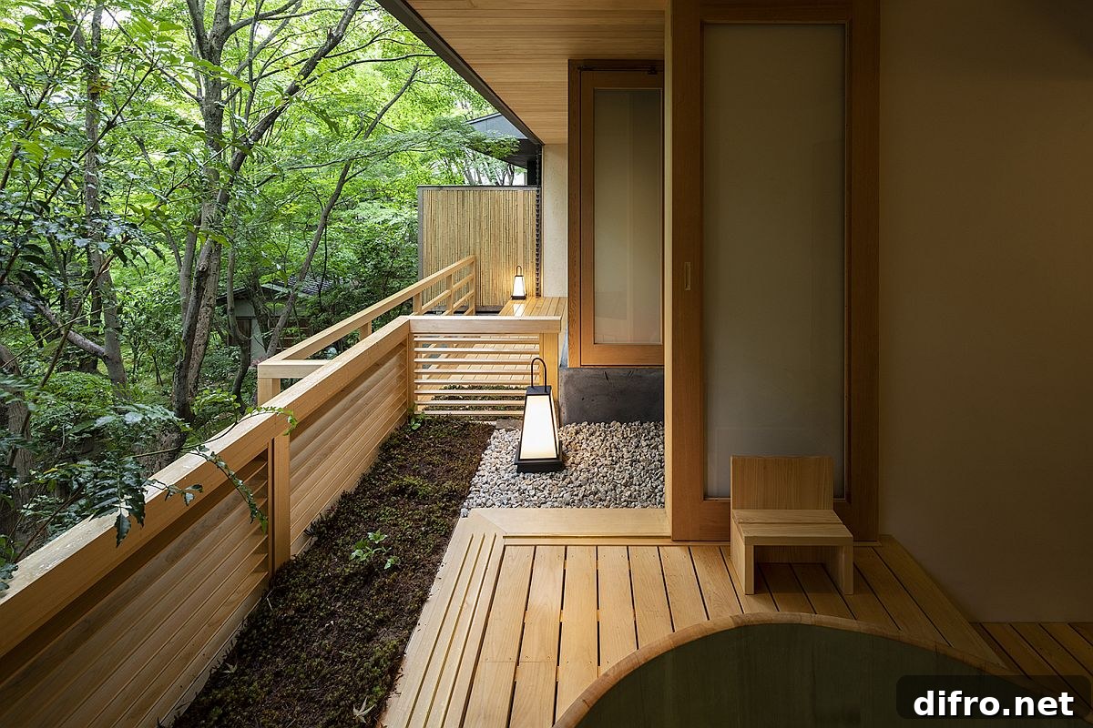 Small wooden decks overlooking the garden at the relaxing Japanese home