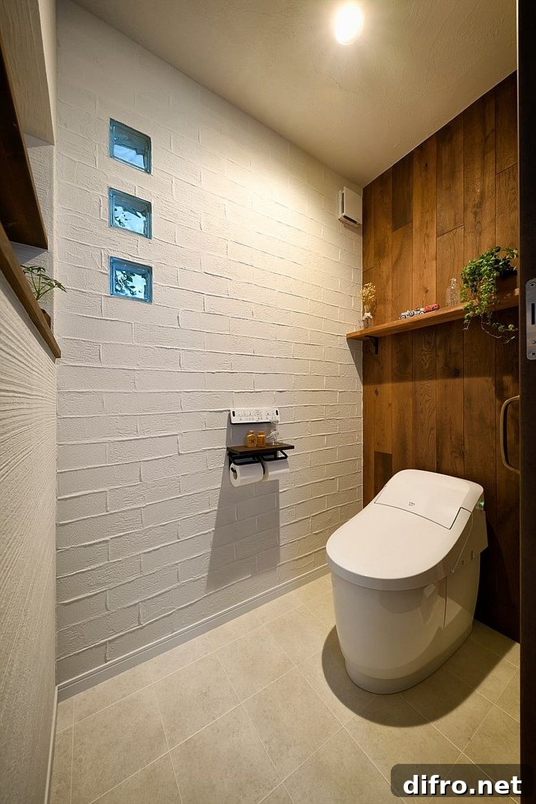 Painted brick and wood walls in powder room