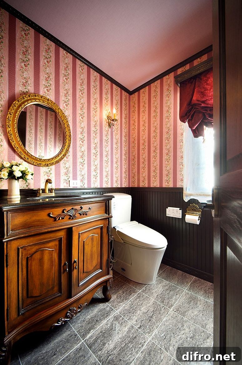 Shabby chic powder room in pink