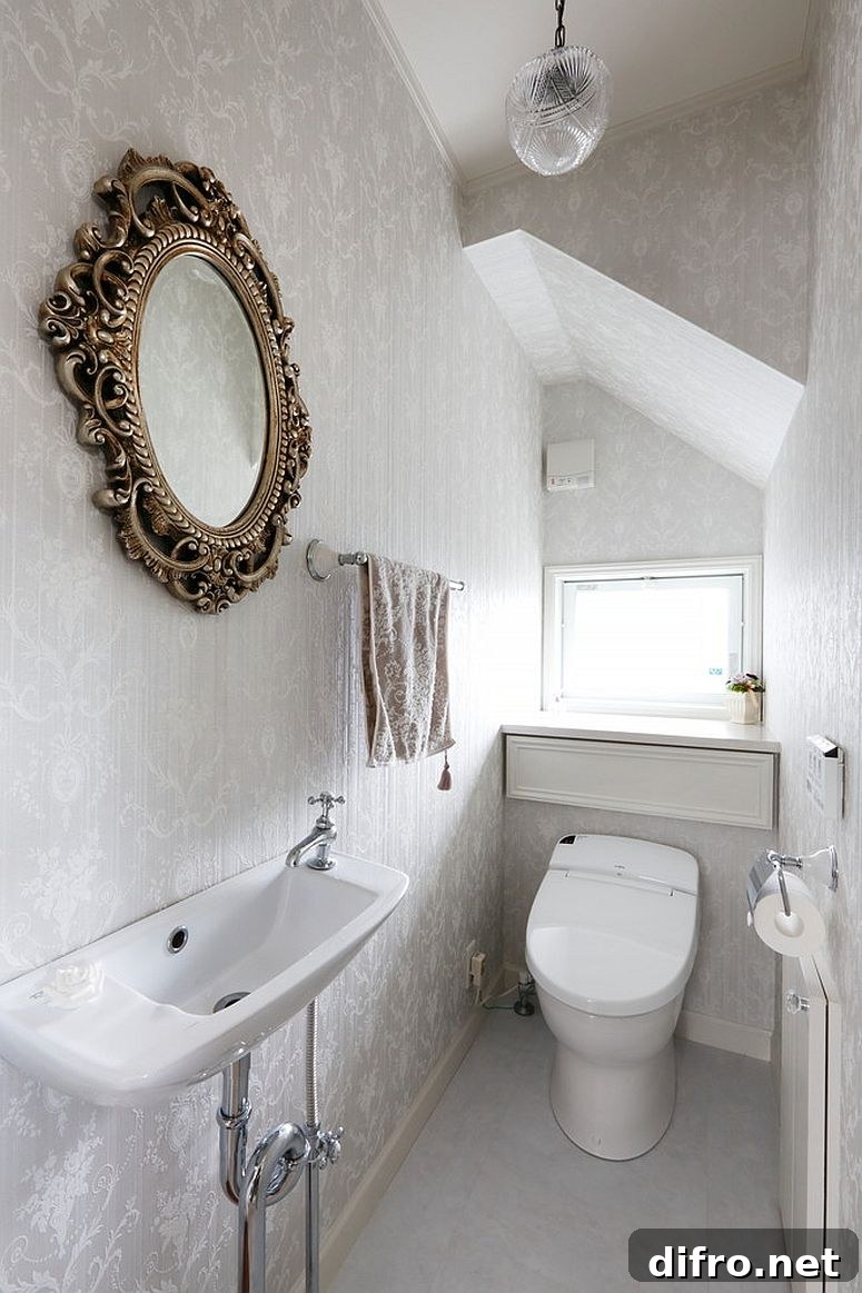 Silvery wallpaper in powder room