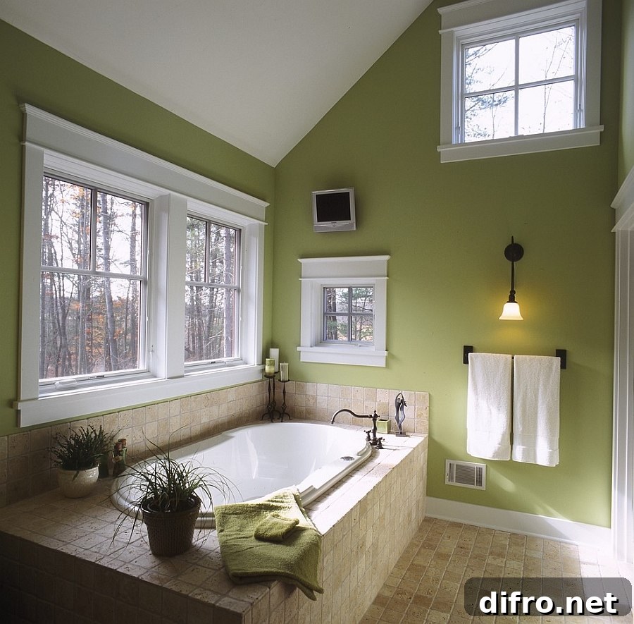 Green matte finish bathroom with natural light