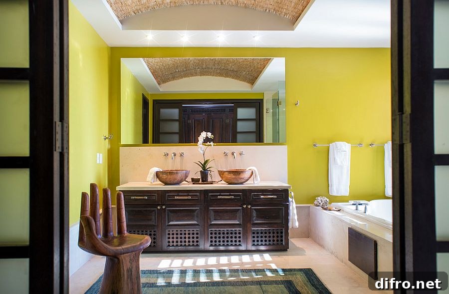 Tropical-style bathroom in white, wood and yellow