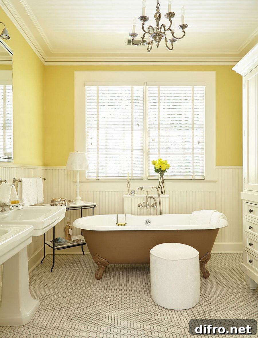 Cozy yellow and white transitional bathroom