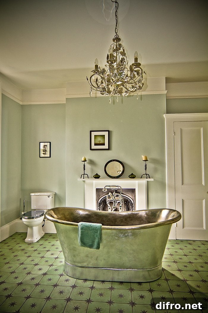 Vintage-style bathtub in a green-accented bathroom