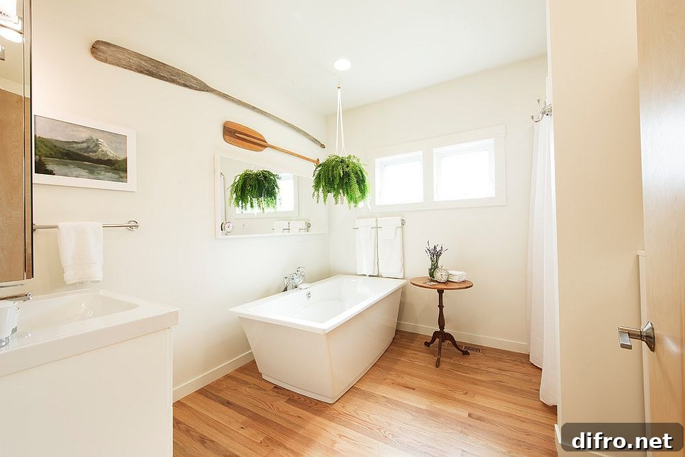 Small contemporary bathroom made efficient with a wooden floor
