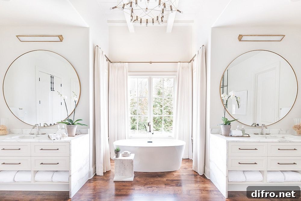 White bathroom with twin vanities, round mirrors, and metallic accents