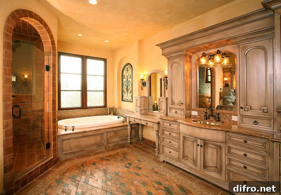 Mediterranean style bathroom with orange textured walls