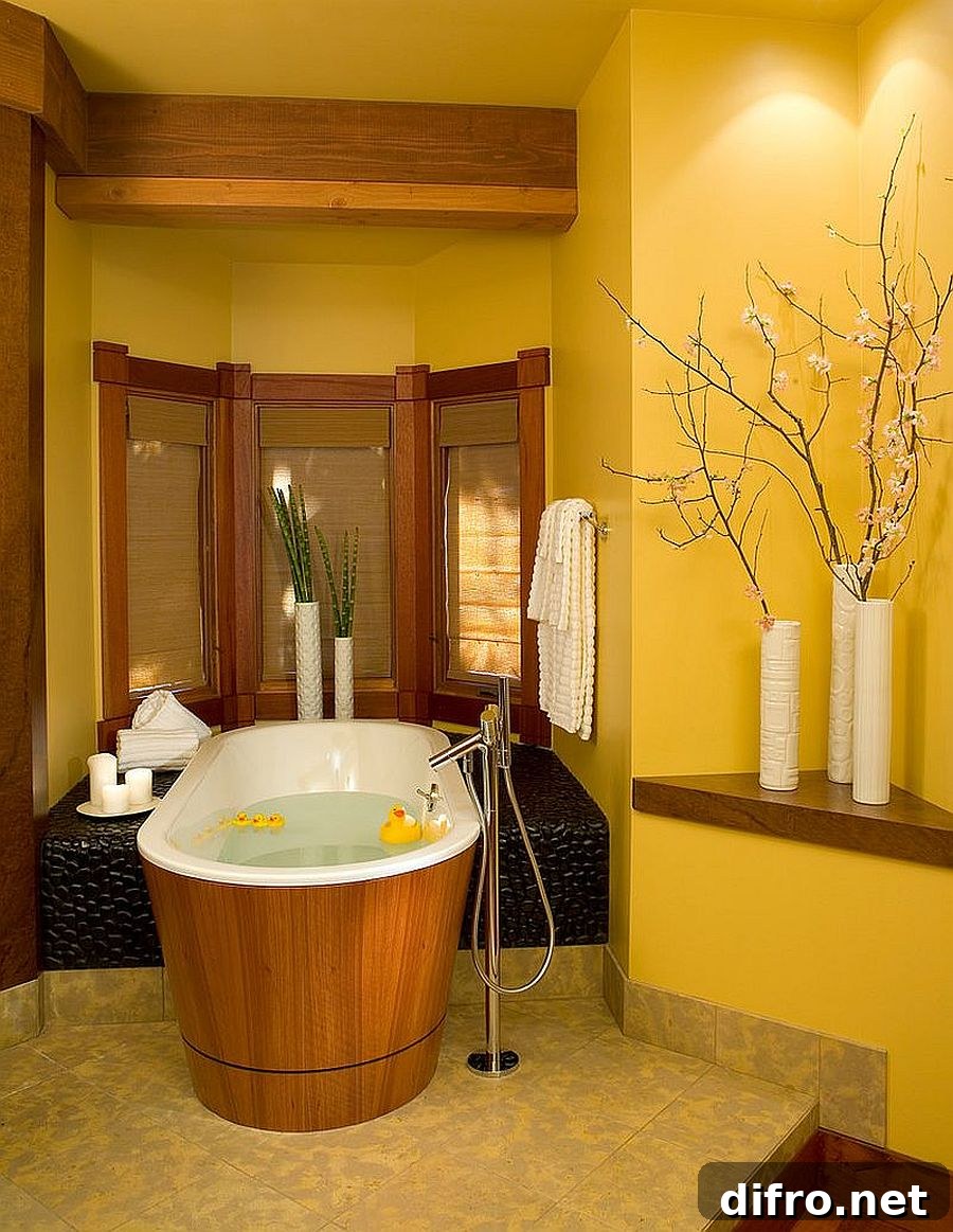 Yellow bathroom with Asian design influences