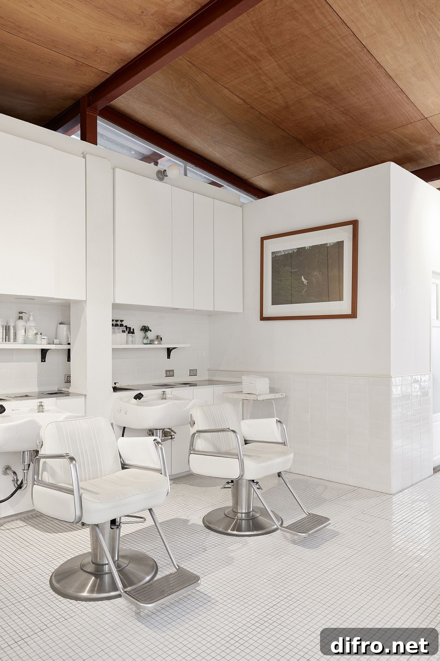 Wood ceiling for the all-white interior