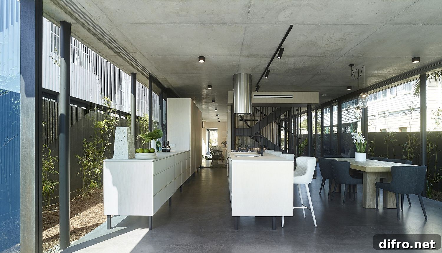 Kitchen islands and adjacent dining