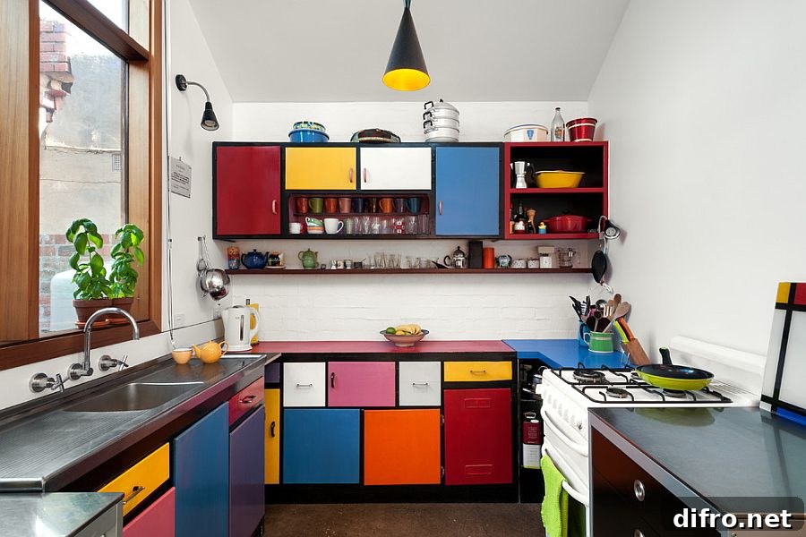Multi-colored shelves and modular cabinets