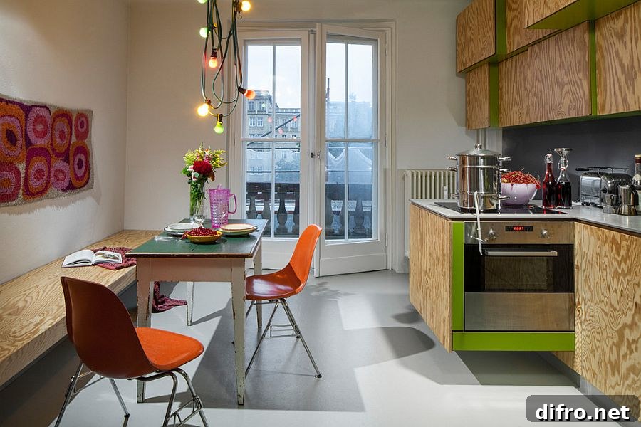 Small eclectic kitchen with space-saving features