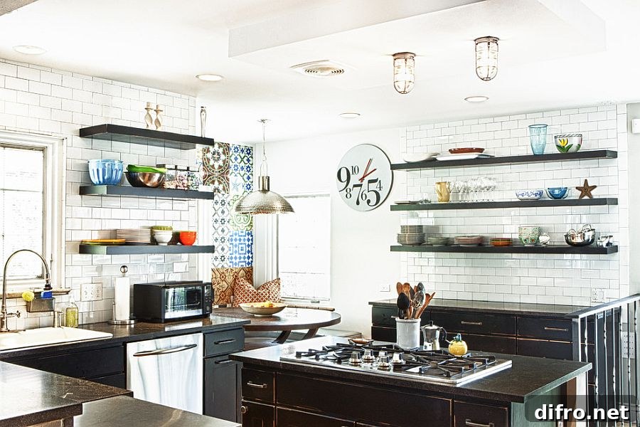 Black floating shelves in eclectic kitchen