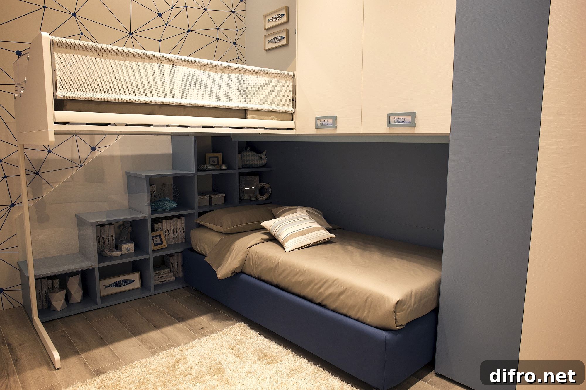 Corner bunk bed with overhead storage