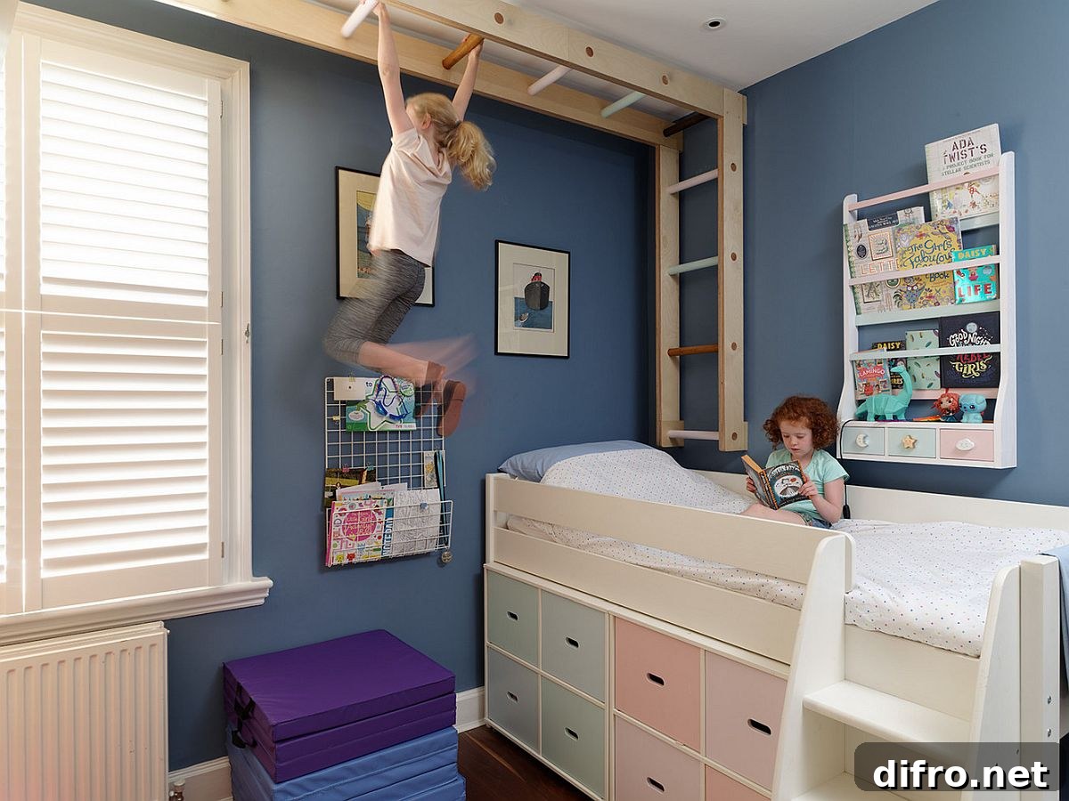 Kids' bedroom with climbing wall, monkey bars and under-bed storage