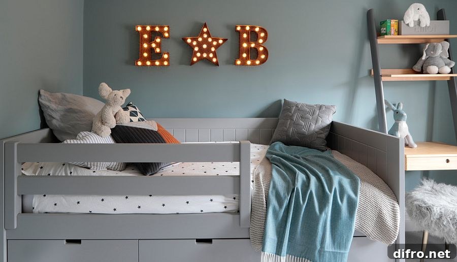 Scandinavian-style kids' room in grayish-blue