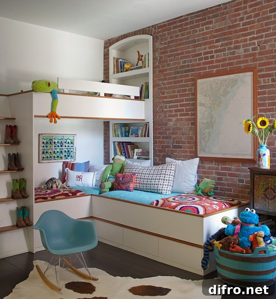 Corner bunk bed with built-in shelves and cabinets