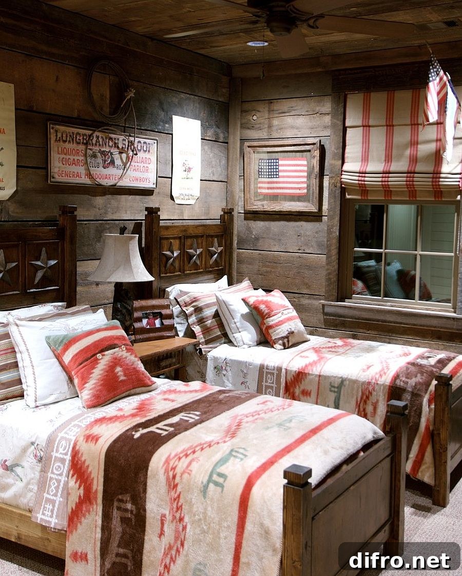 Cabin-style kids' bedroom with rustic finishes